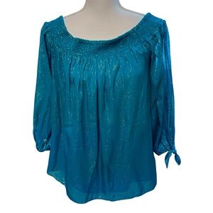 Lilly Pulitzer 3/4 sleeve off the shoulder teal & gold blouse